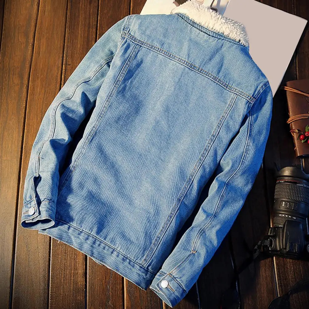 Men's Thicken Winter Denim Jacket with Plush Lining - Stylish Turn-Down Collar & Solid Color