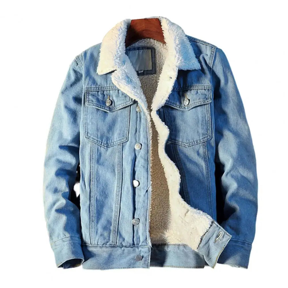 Men's Thicken Winter Denim Jacket with Plush Lining - Stylish Turn-Down Collar & Solid Color