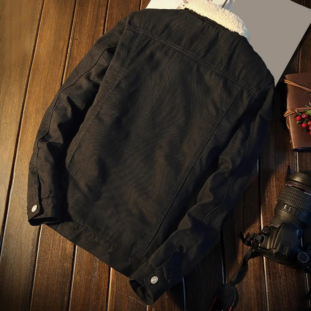 Men's Thicken Winter Denim Jacket with Plush Lining - Stylish Turn-Down Collar & Solid Color