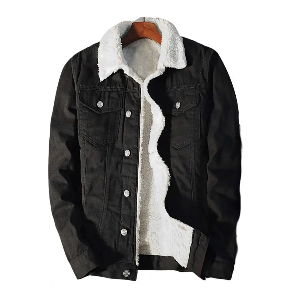 Men's Thicken Winter Denim Jacket with Plush Lining - Stylish Turn-Down Collar & Solid Color