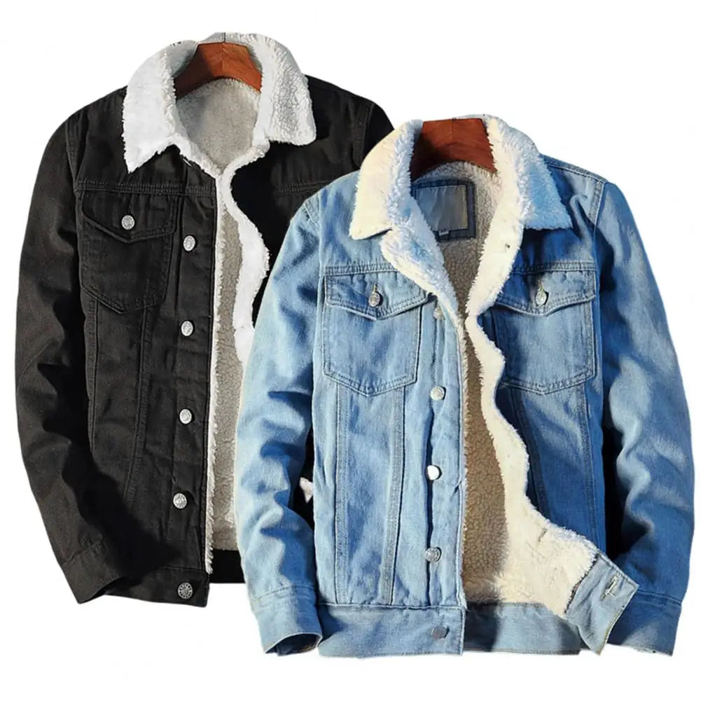 Men's Thicken Winter Denim Jacket with Plush Lining - Stylish Turn-Down Collar & Solid Color